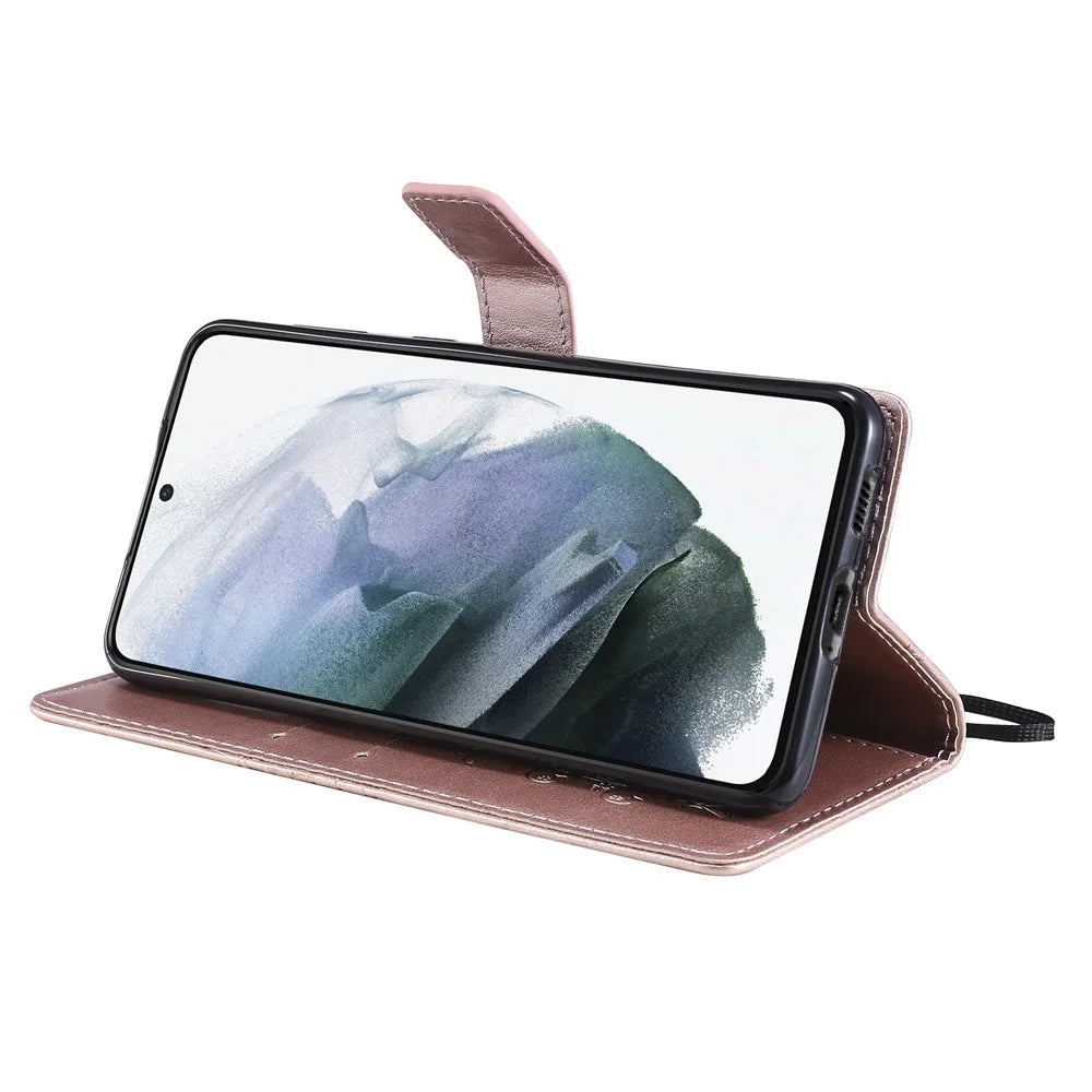 For Samsung Galaxy S21 4G / 5G Wallet Case Floral Butterfly Imprinted Leather Phone Cover Stand - Rose Gold - 7