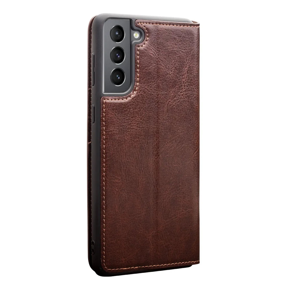 QIALINO Wallet Design Genuine Leather Folio Flip Stand Phone Case Cover for Samsung Galaxy S21 4G / 5G - Brown - 6