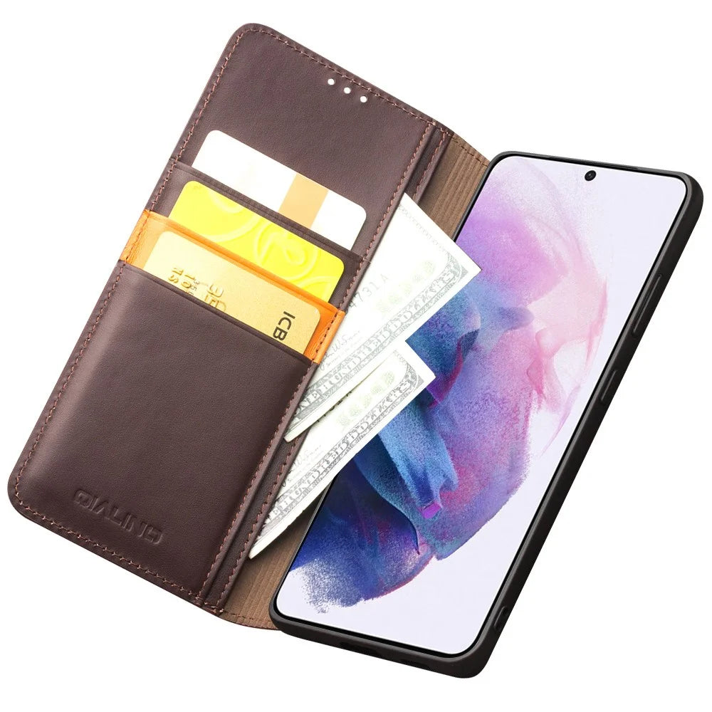 QIALINO Wallet Case Stand Genuine Cow Leather Flip Phone Cover for Samsung Galaxy S21 4G / 5G - Brown - 2