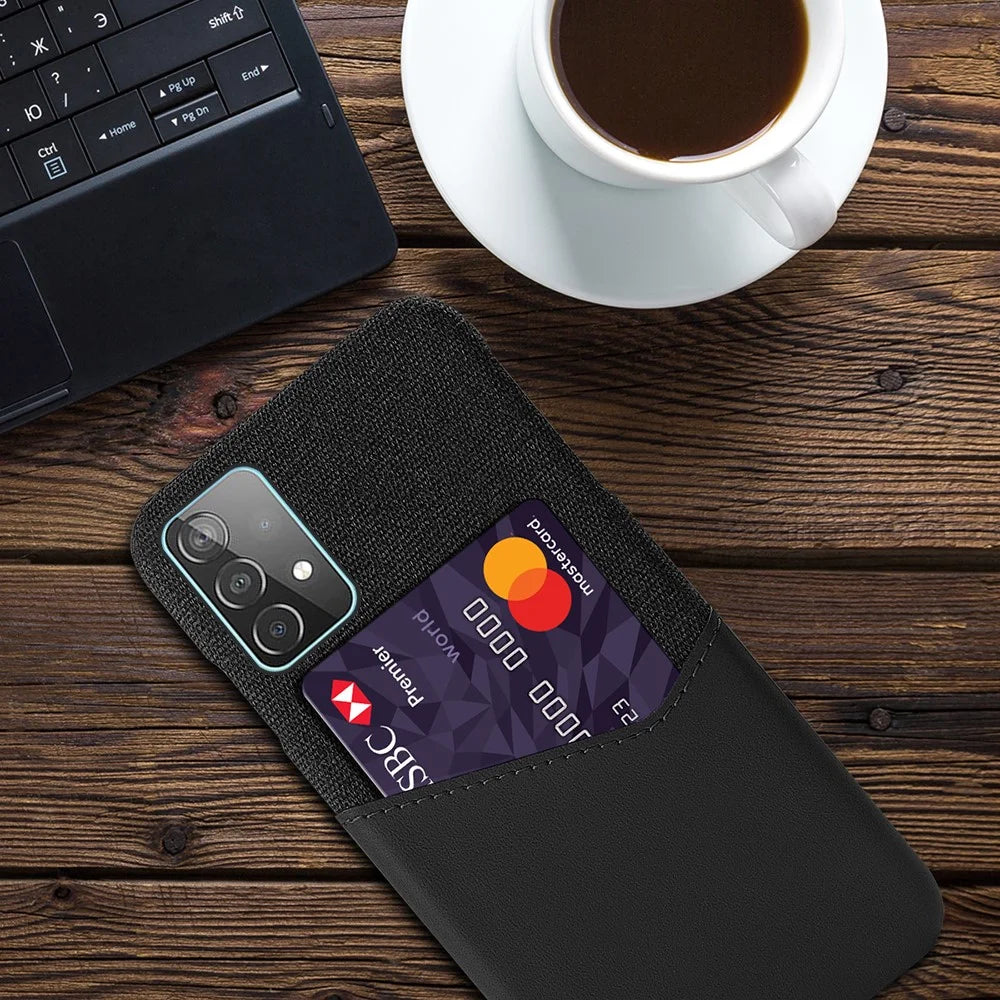 Card Holder Cloth + PU Leather Coated PC Back Cover for Samsung Galaxy A52 4G / 5G / A52s 5G - Black - 4