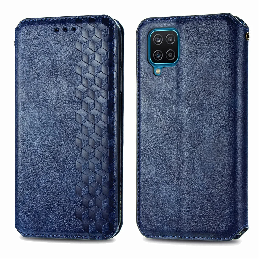 For Samsung Galaxy A12 PU Leather Case Rhombus Imprint Wallet Stand Phone Cover - Blue - 2