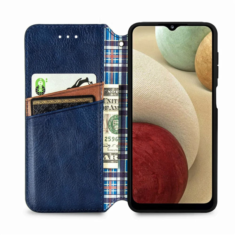 For Samsung Galaxy A12 PU Leather Case Rhombus Imprint Wallet Stand Phone Cover - Blue - 3