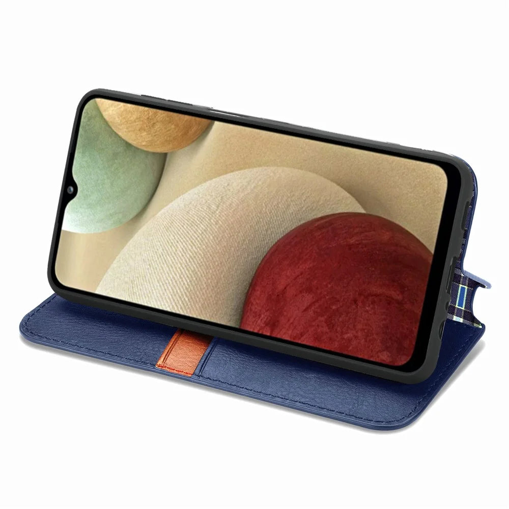 For Samsung Galaxy A12 PU Leather Case Rhombus Imprint Wallet Stand Phone Cover - Blue - 4