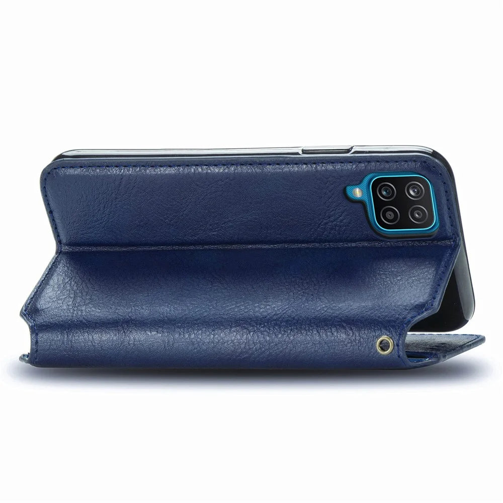 For Samsung Galaxy A12 PU Leather Case Rhombus Imprint Wallet Stand Phone Cover - Blue - 5
