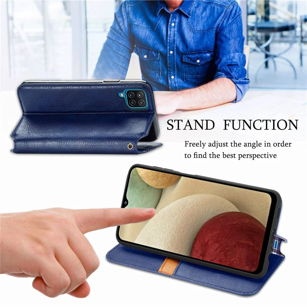 For Samsung Galaxy A12 PU Leather Case Rhombus Imprint Wallet Stand Phone Cover - Blue - 6
