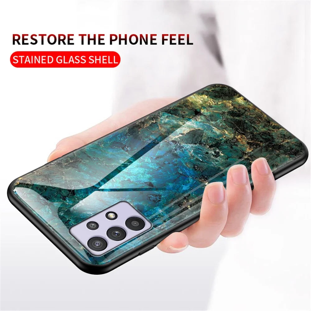 Wear and Scratch Resistant Marbling Pattern Drop-proof Tempered Glass Cell Phone Cover for Samsung Galaxy A32 5G/M32 5G - Emerald Marble - 2