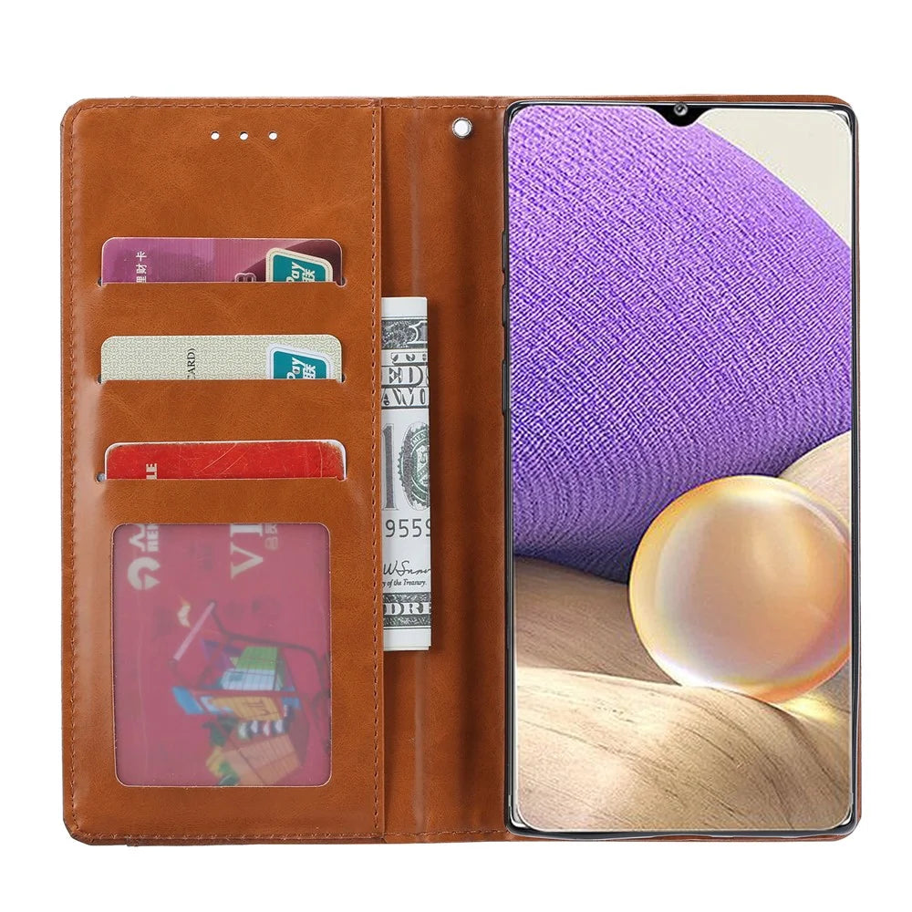 Auto-absorbed Wallet Stand Leather Protector Phone Cover for Samsung Galaxy A32 5G/M32 5G - Brown - 4