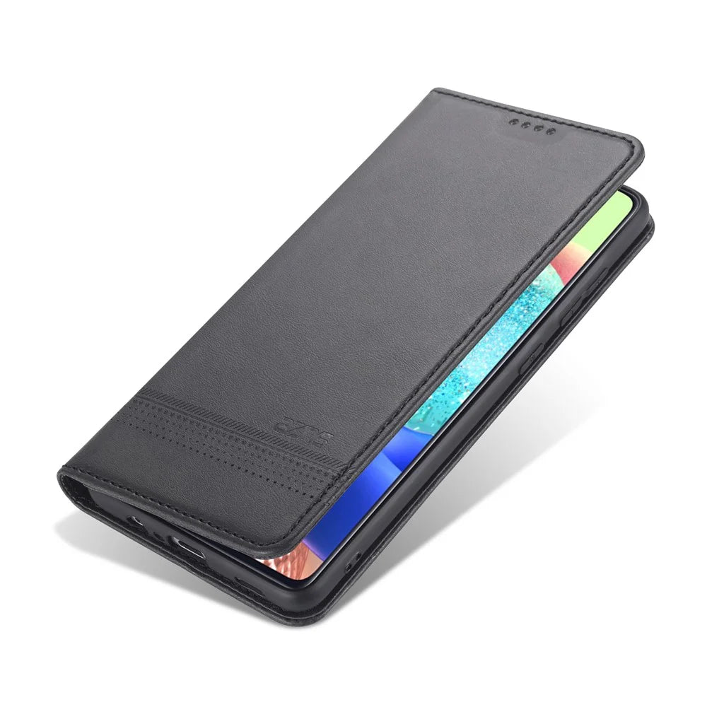 AZNS Wallet Design Auto-absorbed Magnetic Leather Stand Mobile Shell Case for Samsung Galaxy A72 4G/5G - Black - 4
