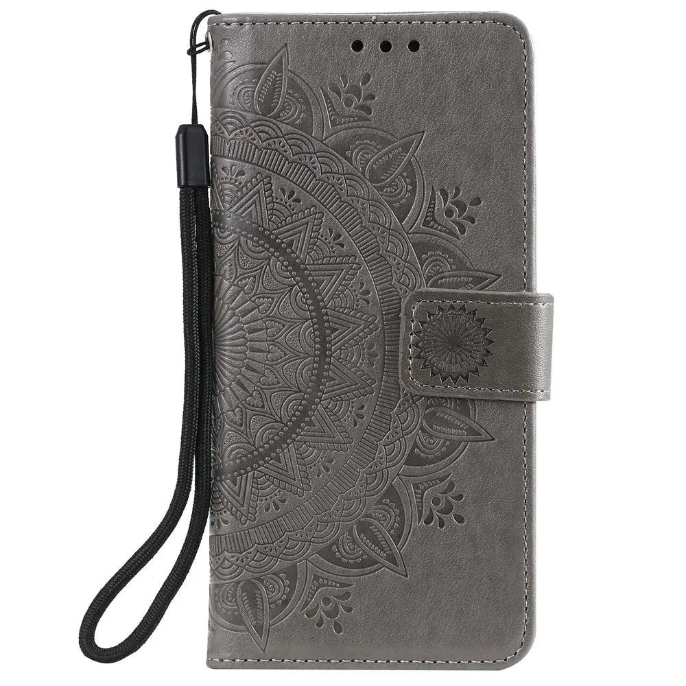 Imprinted Mandala Flower Wallet Leather Case with Strap for Samsung Galaxy A52 4G/5G / A52s 5G - Grey - 2