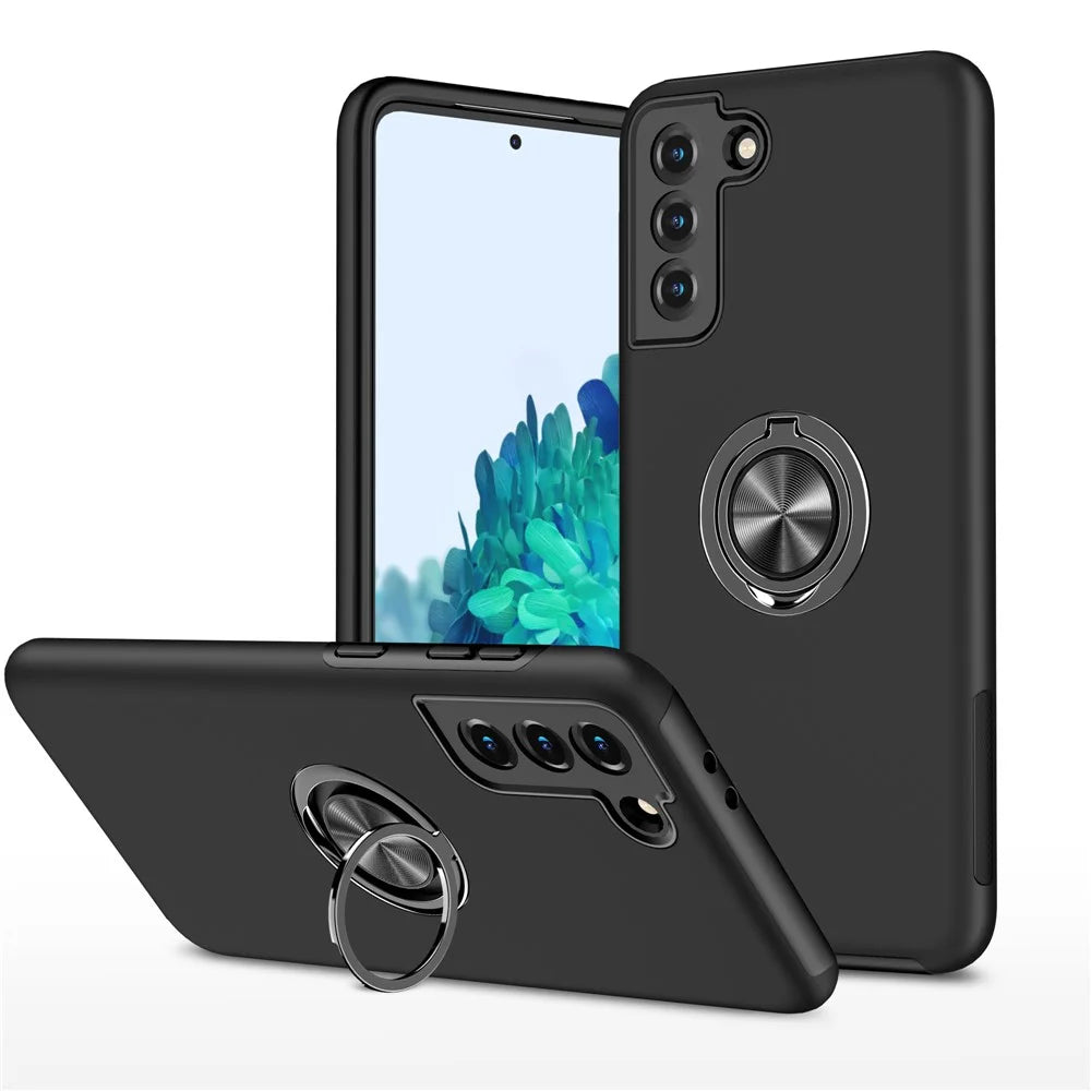 Anti-Drop Hybrid Phone Case Cover with Ring Shape Kickstand Design for Samsung Galaxy S21 4G/5G - Black - 1