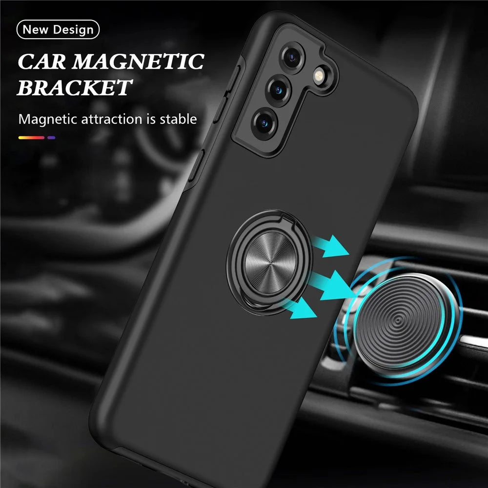 Anti-Drop Hybrid Phone Case Cover with Ring Shape Kickstand Design for Samsung Galaxy S21 4G/5G - Black - 2