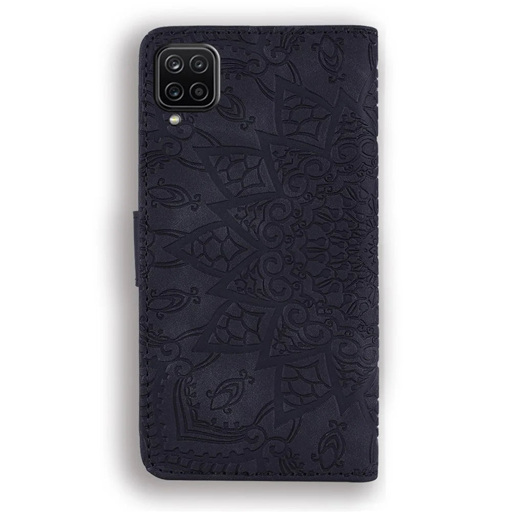 Imprint Flower Wallet Stand Leather Case for Samsung Galaxy A12 - Black - 4