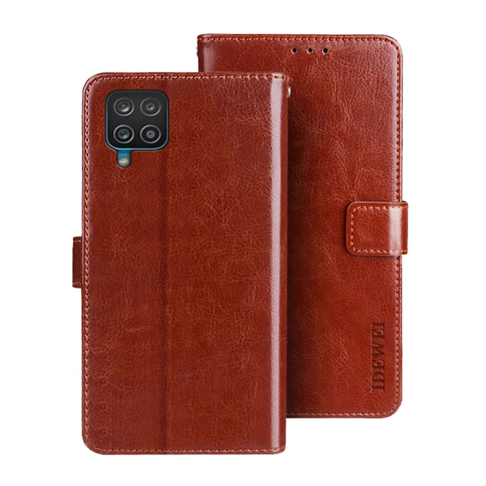 IDEWEI Wallet Design Crazy Horse Texture Leather Mobile Casing for Samsung Galaxy A12 - Brown - 1