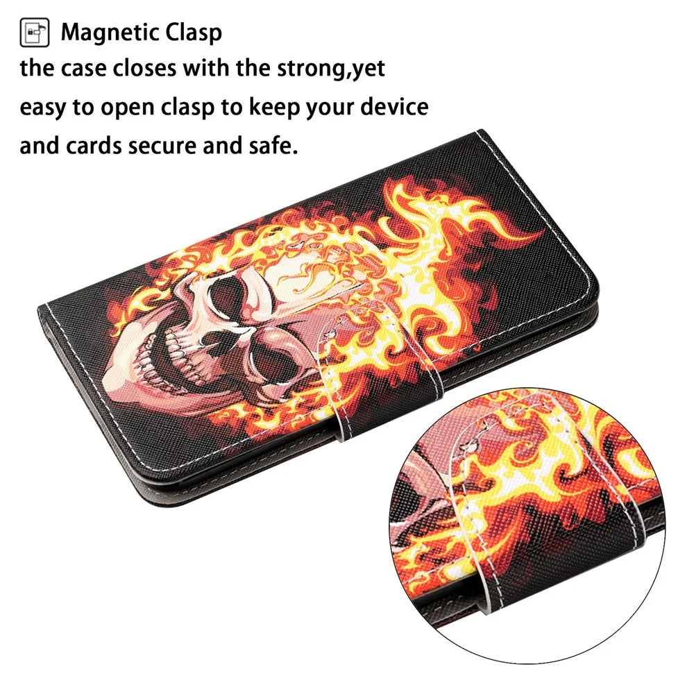Pattern Printing Wallet Stand Design Leather Phone Cover Shell with Lanyard for Samsung Galaxy A21s - Flame Skull - 3