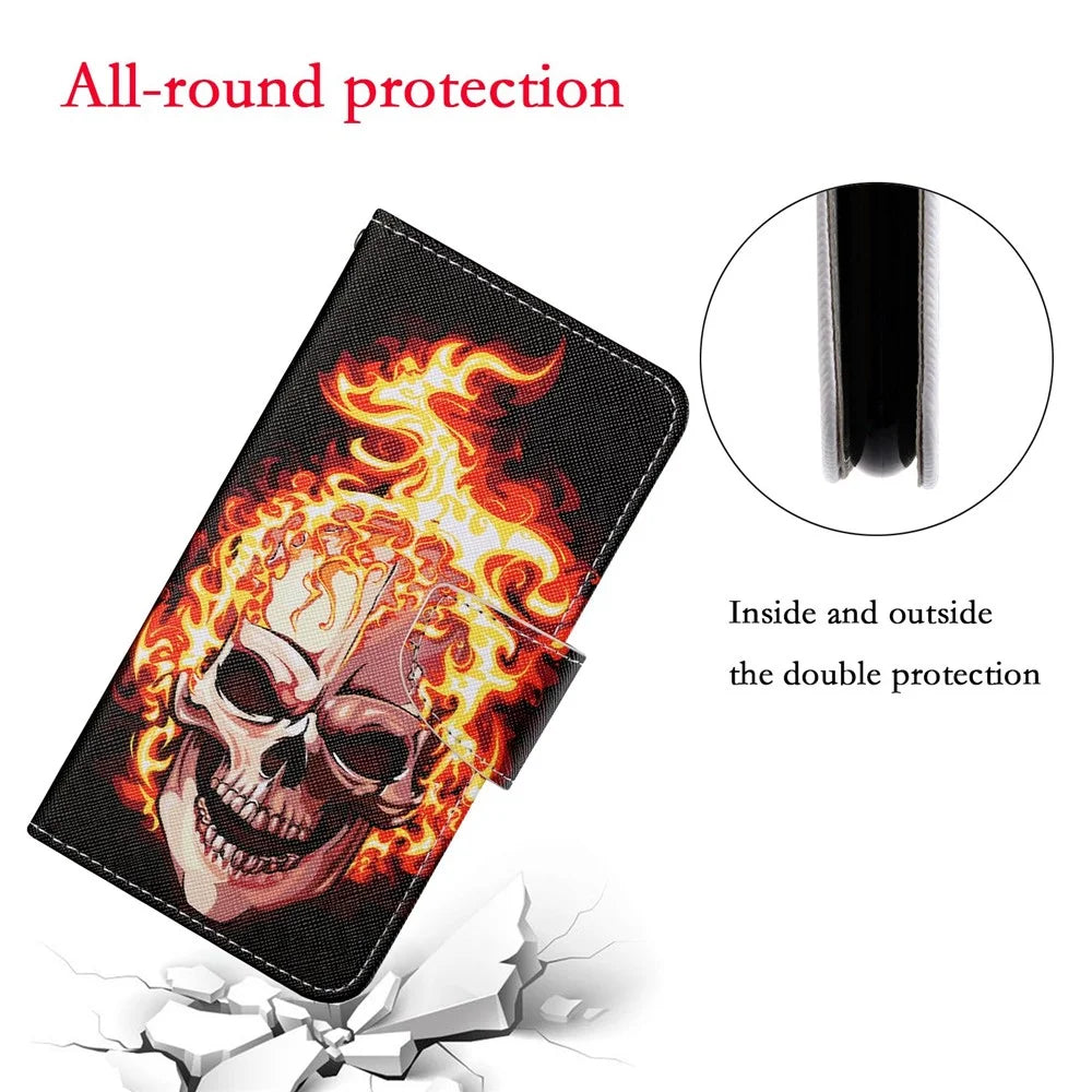 Pattern Printing Wallet Stand Design Leather Phone Cover Shell with Lanyard for Samsung Galaxy A21s - Flame Skull - 4
