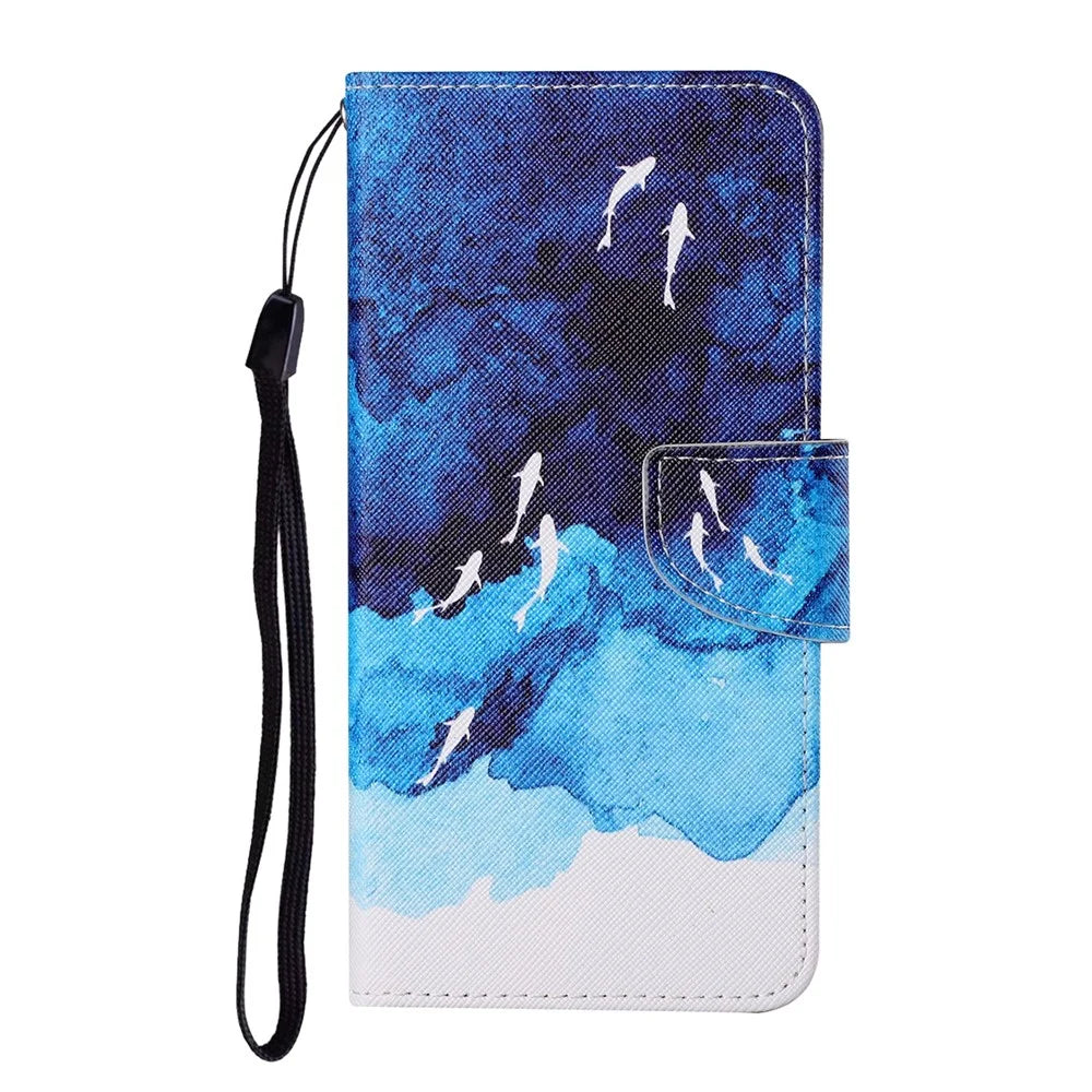 Colorful Pattern Printing PU Leather Phone Stand Case with Strap for Samsung Galaxy A12 - Sea - 1