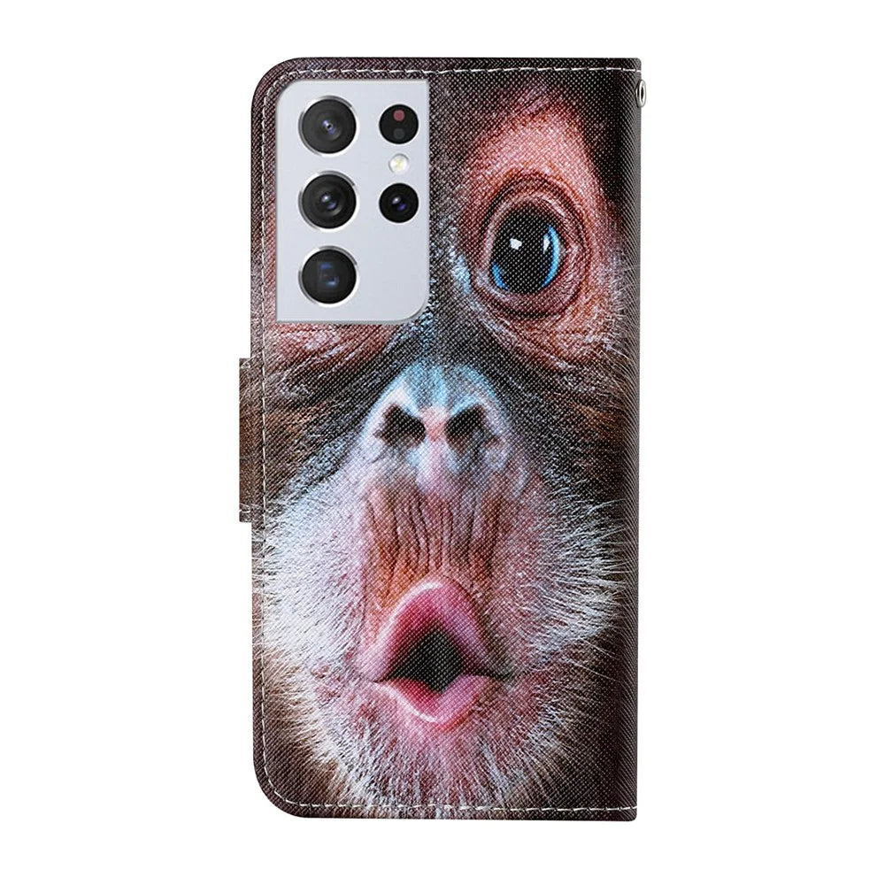 Colorful Pattern Printing Leather Case Stand Wallet Shell for Samsung Galaxy S21 Ultra 5G - Monkey - 2