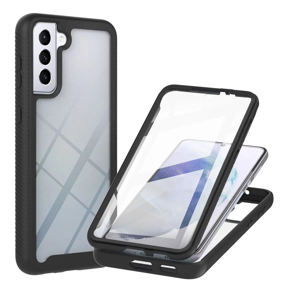 Full-Coverage Protection PC+TPU Combo Hybrid Case with PET Screen Protector for Samsung Galaxy S21 5G/4G - Black/Black Frame - 1