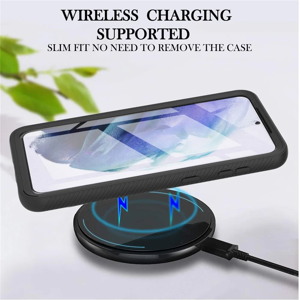Full-Coverage Protection PC+TPU Combo Hybrid Case with PET Screen Protector for Samsung Galaxy S21 5G/4G - Black/Black Frame - 4