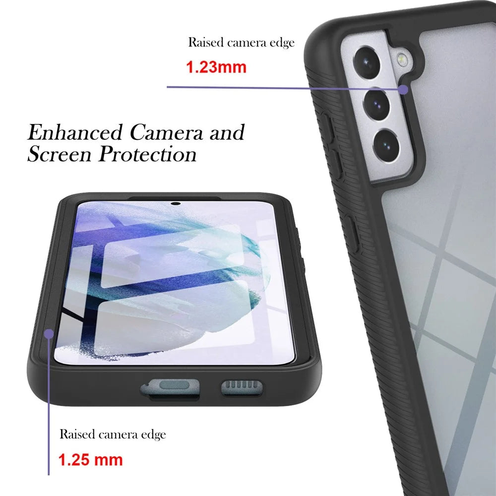Full-Coverage Protection PC+TPU Combo Hybrid Case with PET Screen Protector for Samsung Galaxy S21 5G/4G - Black/Black Frame - 5