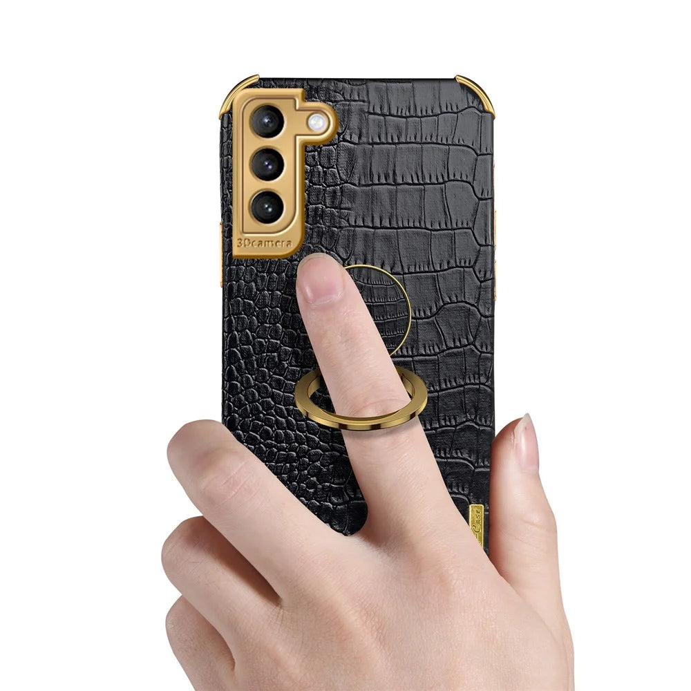 Precise Cutout Electroplating Crocodile Texture PU Leather Coated TPU Phone Cover with Ring Holder for Samsung Galaxy S21 Plus 5G - Black - 4
