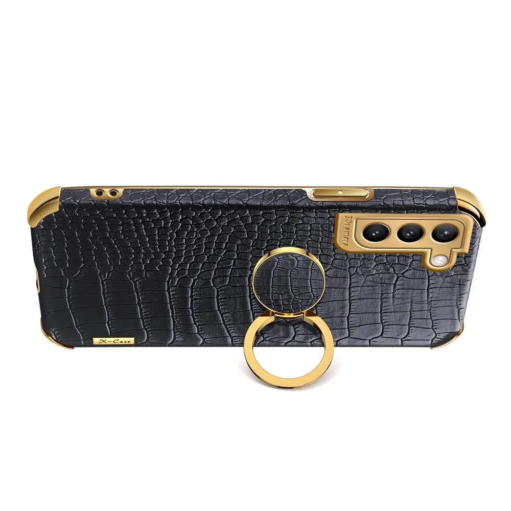Precise Cutout Electroplating Crocodile Texture PU Leather Coated TPU Phone Cover with Ring Holder for Samsung Galaxy S21 Plus 5G - Black - 5