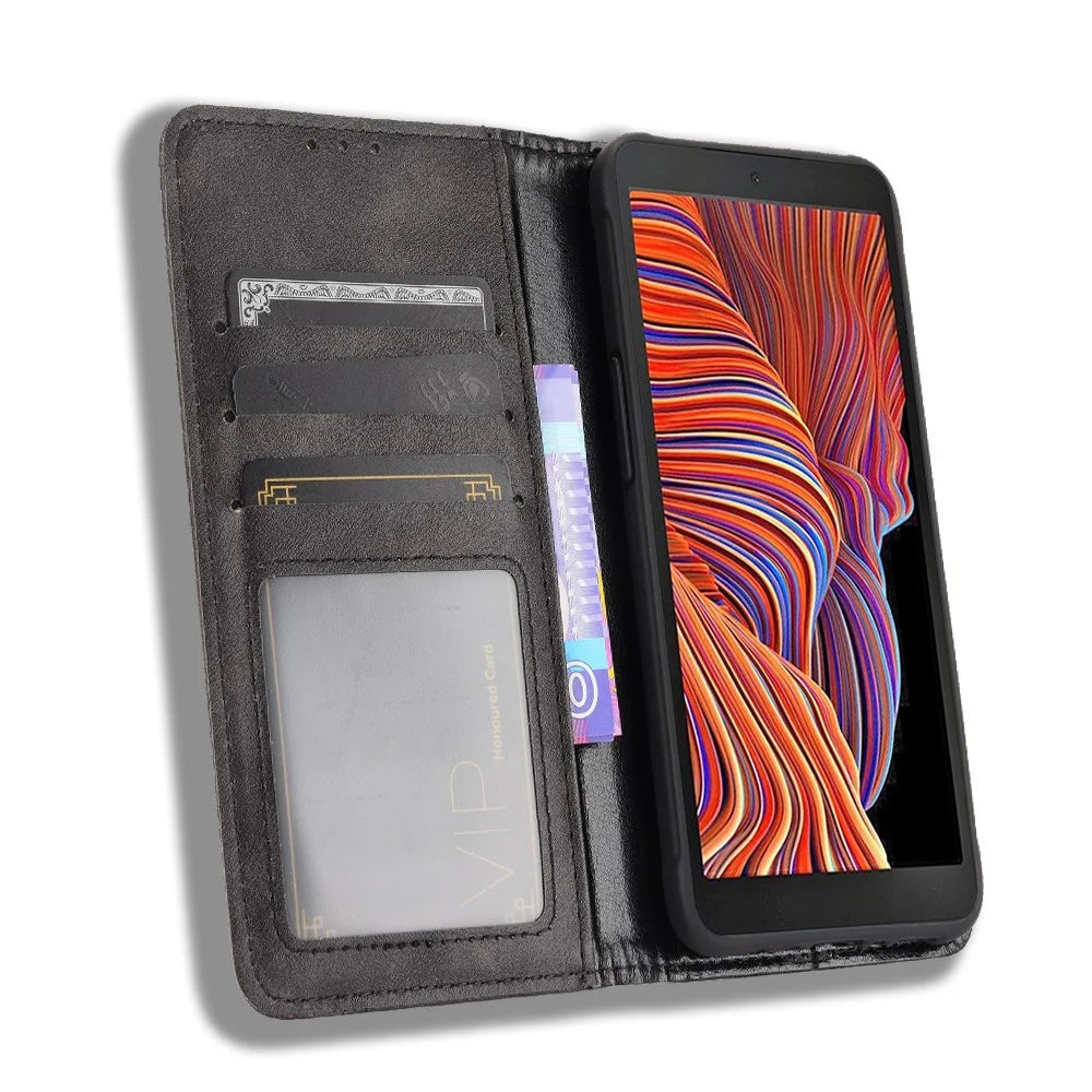 Magnetic Vintage Style Phone Case Wallet Stand Leather Cover for Samsung Galaxy Xcover 5 - Black - 5