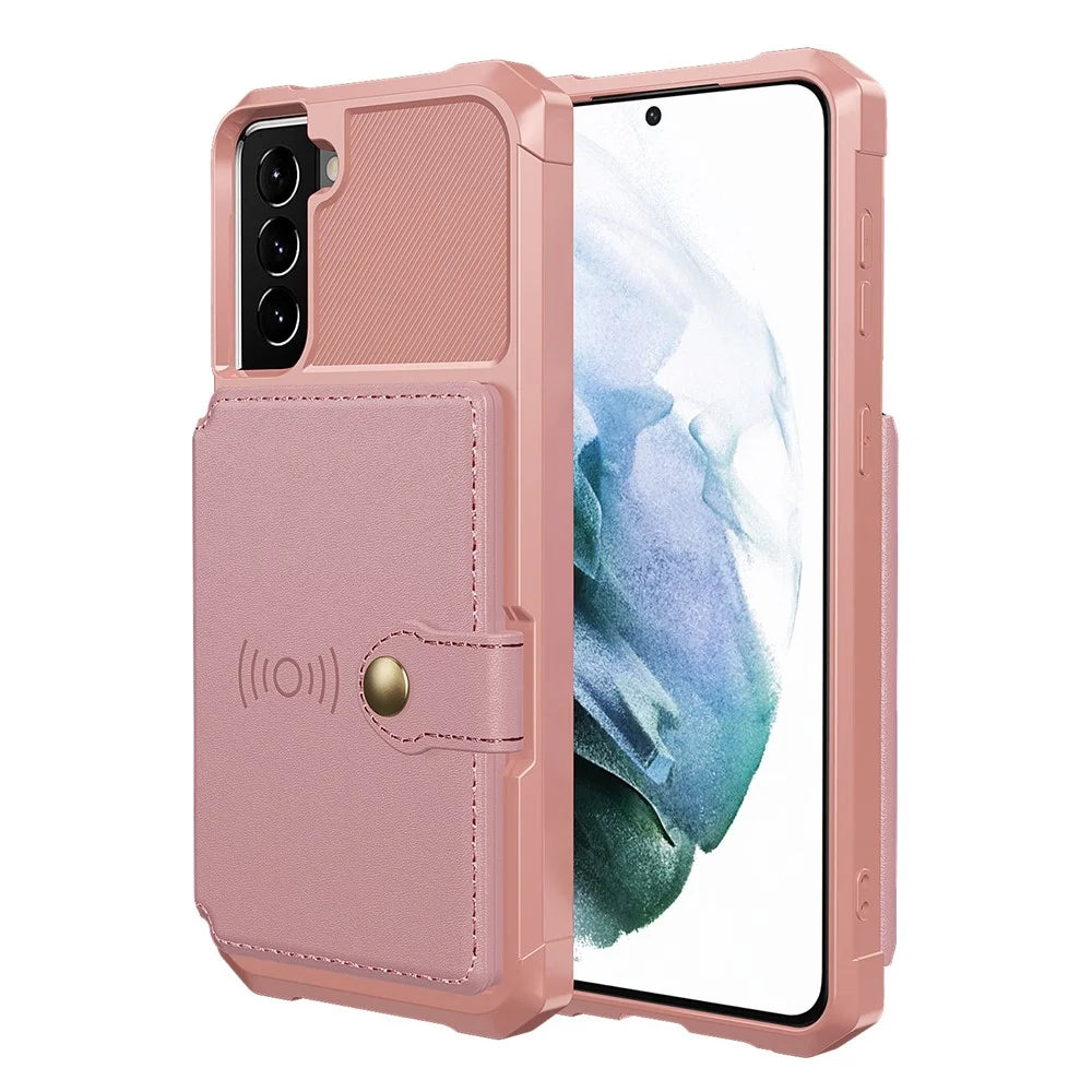 Kickstand Leather Coated TPU Protector Cover with Card Holder [Built-in Magnetic Sheet] for Samsung Galaxy S21 5G/4G - Pink - 1
