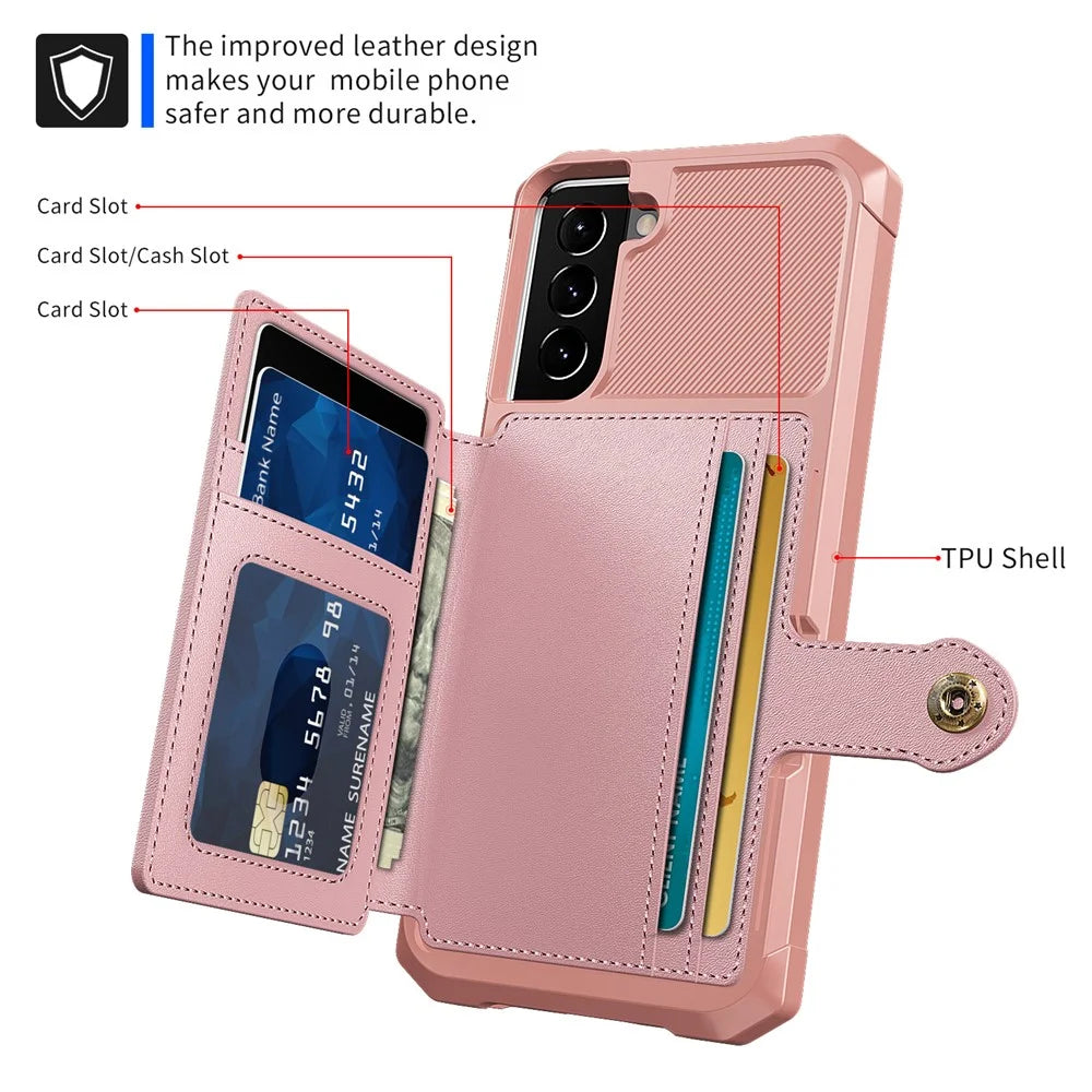 Kickstand Leather Coated TPU Protector Cover with Card Holder [Built-in Magnetic Sheet] for Samsung Galaxy S21 5G/4G - Pink - 2
