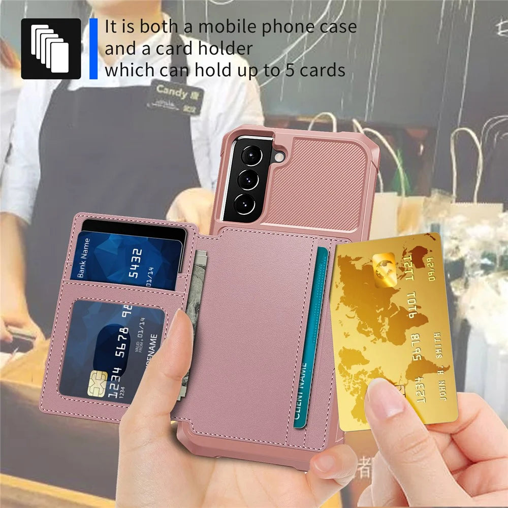 Kickstand Leather Coated TPU Protector Cover with Card Holder [Built-in Magnetic Sheet] for Samsung Galaxy S21 5G/4G - Pink - 5