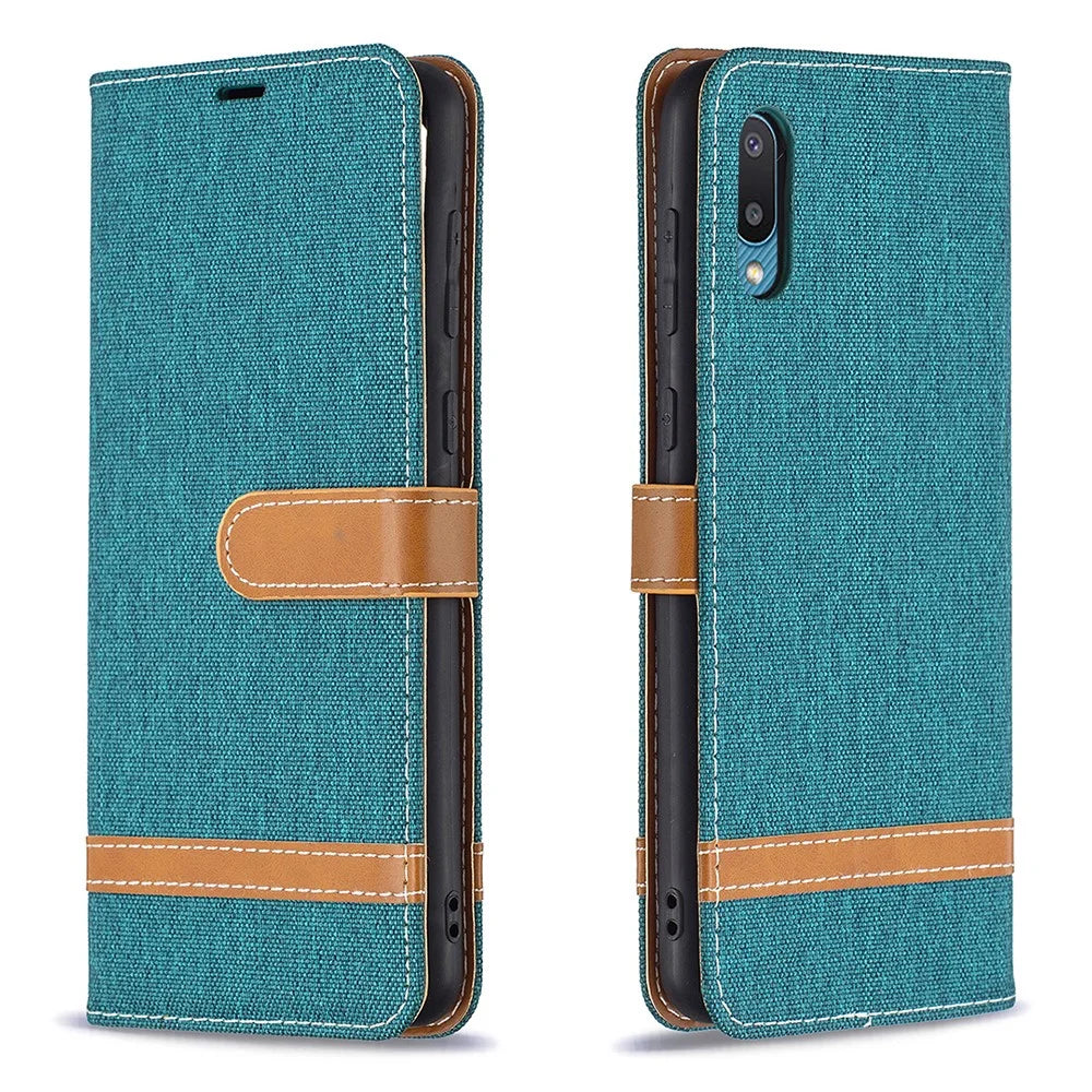 Assorted Color Jeans Cloth Leather Wallet Stand Case for Samsung Galaxy A02 - Green - 1