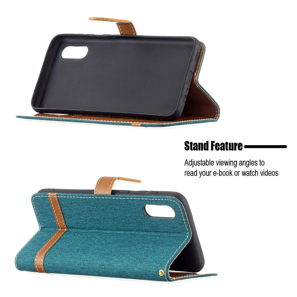 Assorted Color Jeans Cloth Leather Wallet Stand Case for Samsung Galaxy A02 - Green - 2