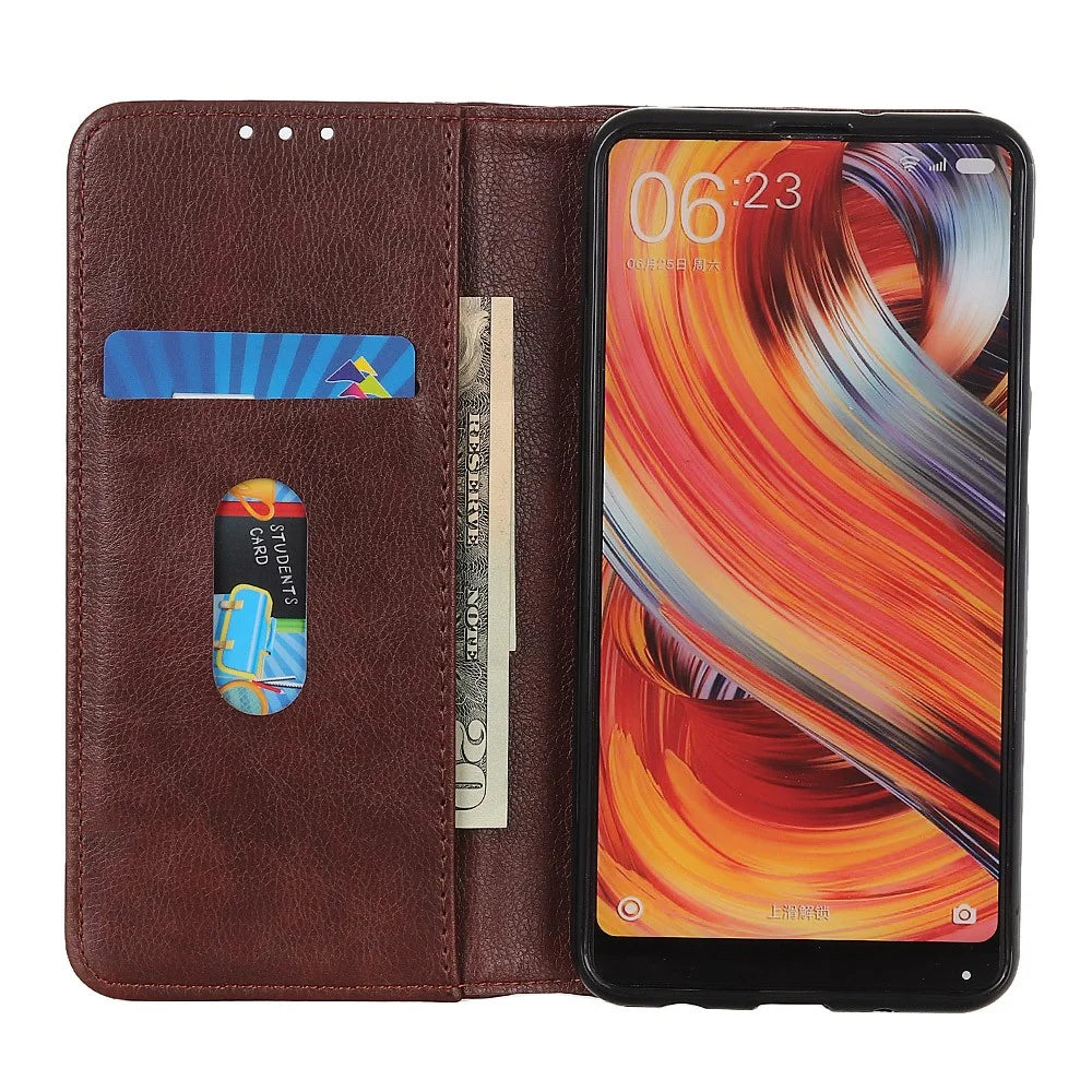 Auto-absorbed Litchi Texture Split Leather Wallet Stand Case Cover for Samsung Galaxy S21 FE - Brown - 5