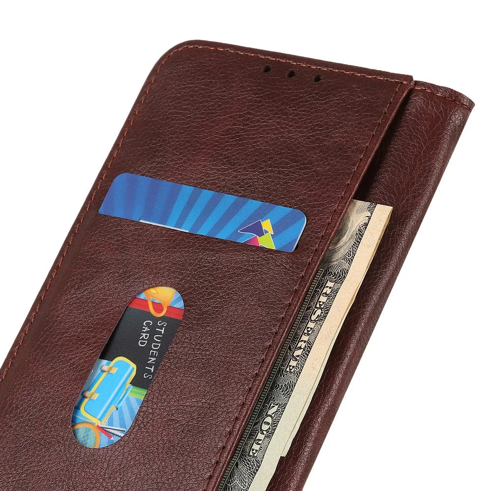 Auto-absorbed Litchi Texture Split Leather Wallet Stand Case Cover for Samsung Galaxy S21 FE - Brown - 6