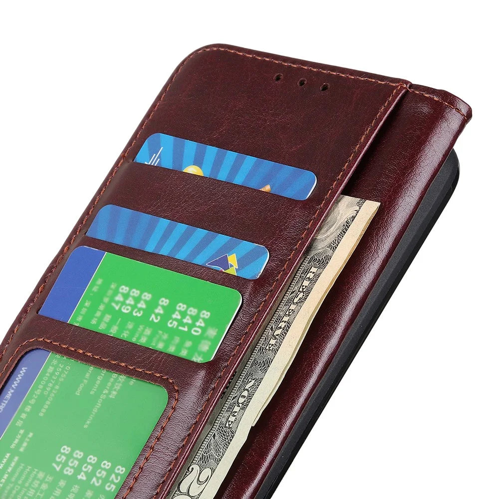 Mobile Phone Crazy Horse Textured Protective Case Wallet Stand Leather Shell for Samsung Galaxy S21 FE - Brown - 5