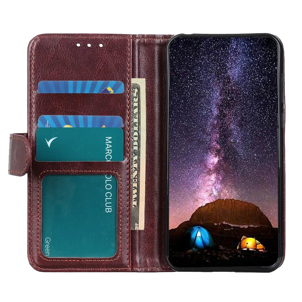 Mobile Phone Crazy Horse Textured Protective Case Wallet Stand Leather Shell for Samsung Galaxy S21 FE - Brown - 6
