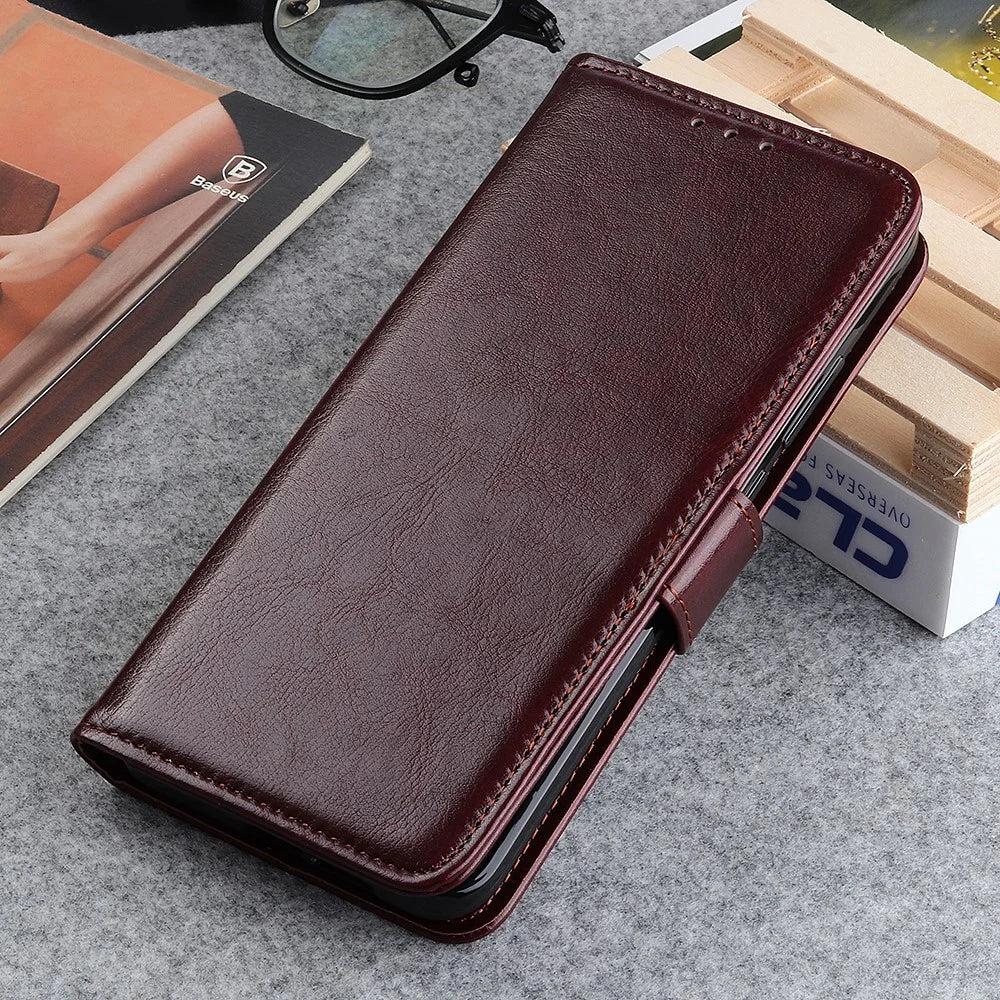 Mobile Phone Crazy Horse Textured Protective Case Wallet Stand Leather Shell for Samsung Galaxy S21 FE - Brown - 7