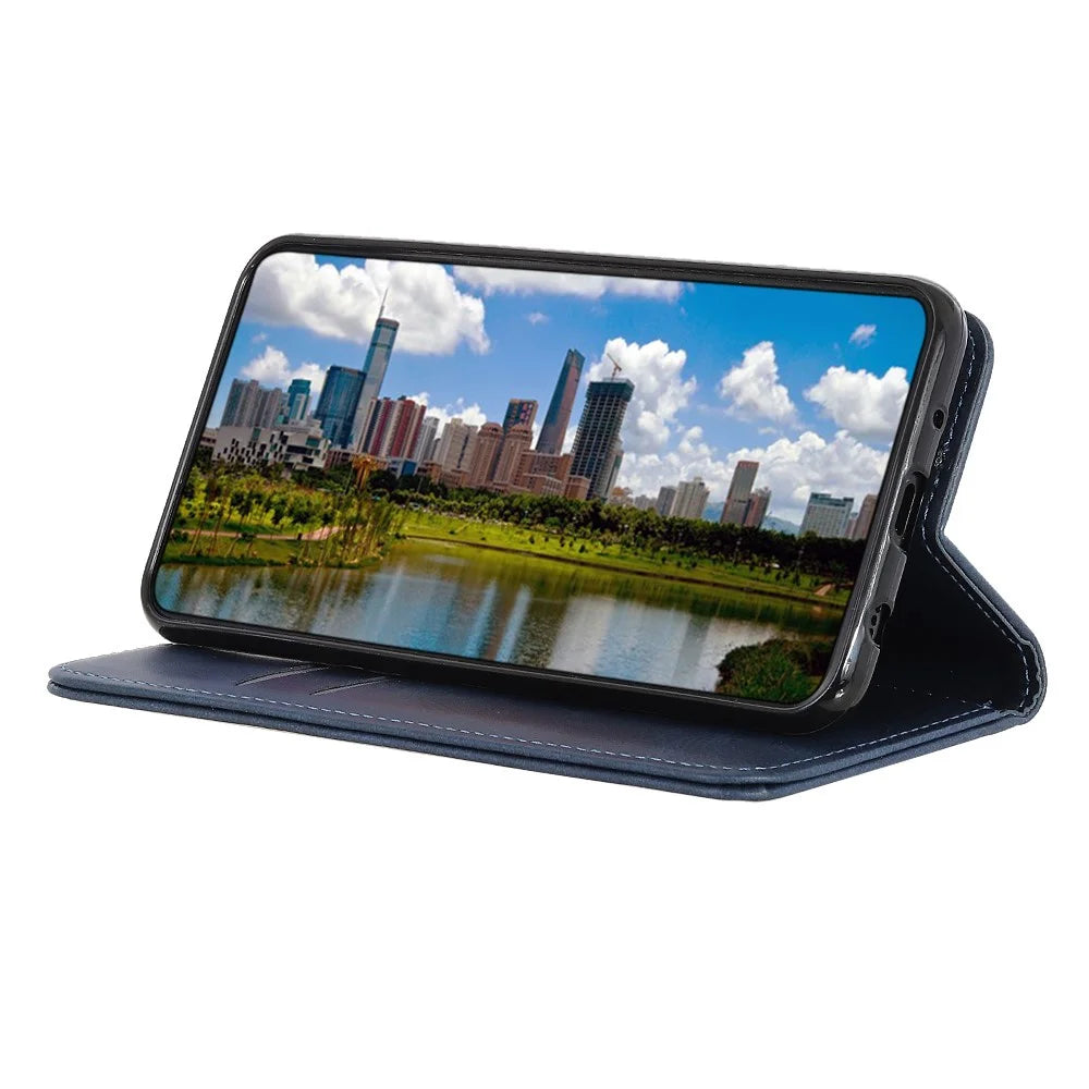 Magnetic Closure Split Leather Phone Case Shell Wallet Stand Cover for Samsung Galaxy S21 FE - Navy Blue - 4