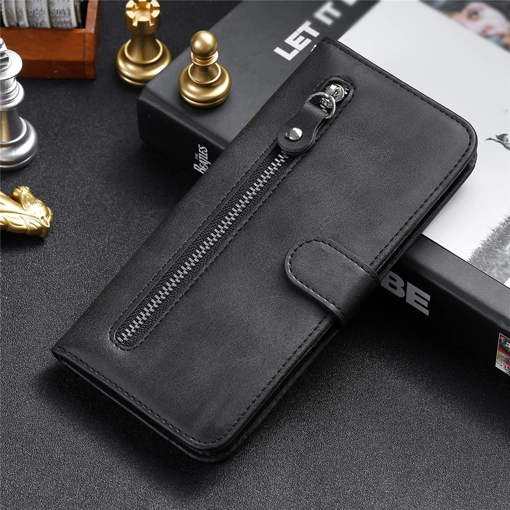 Zipper Pocket Leather Protector Wallet Stand Case for Samsung Galaxy M02/A02 - Black - 2