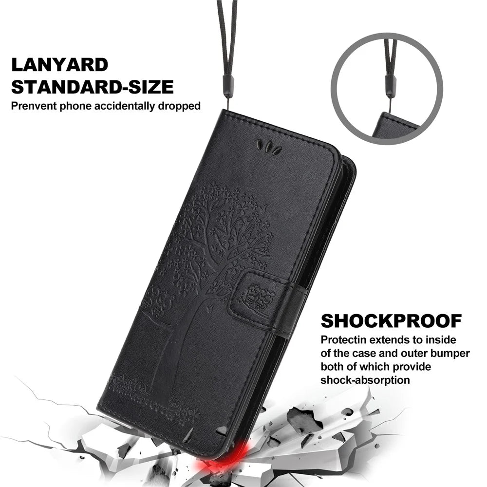 Owl Tree Pattern Imprint Leather Wallet Stand Case for Samsung Galaxy A22 5G (EU Version) - Black - 3