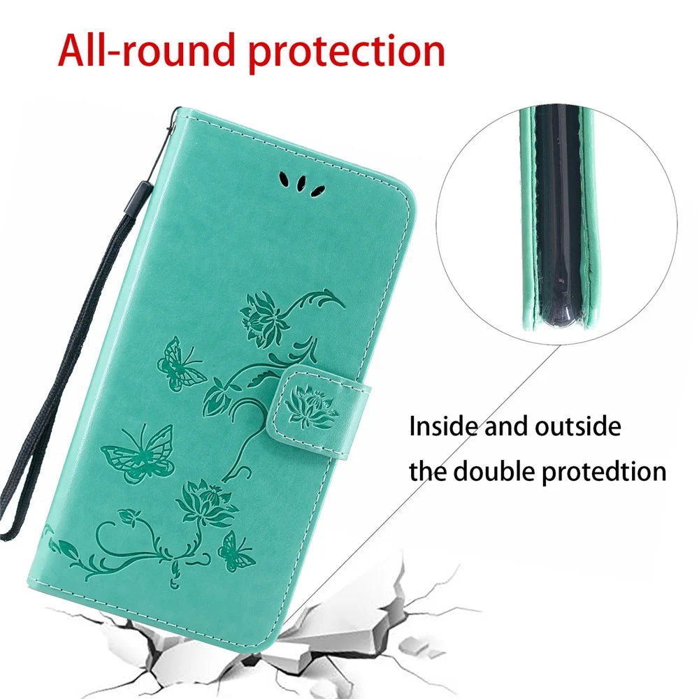 Wallet Design Stylish Butterfly Flowers Imprinting Leather Phone Cover for Samsung Galaxy A22 5G (EU Version) - Cyan - 2