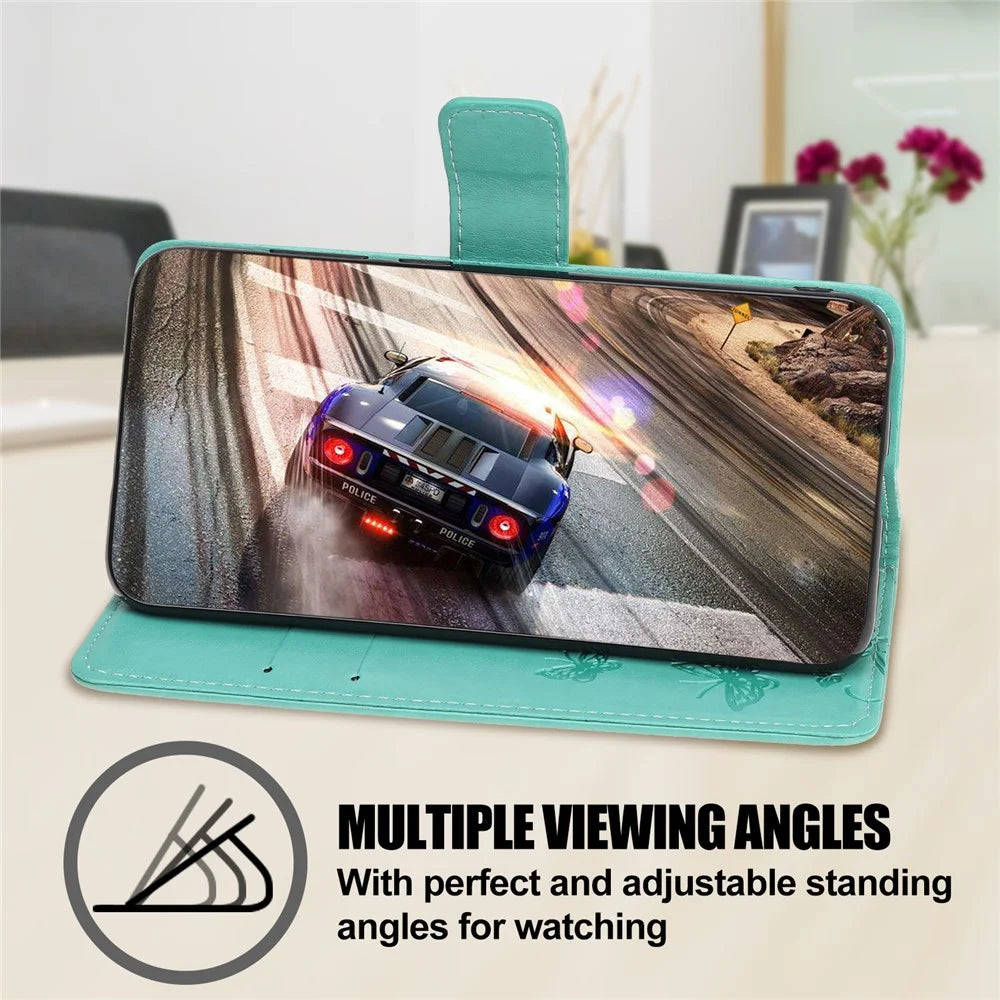 Wallet Design Stylish Butterfly Flowers Imprinting Leather Phone Cover for Samsung Galaxy A22 5G (EU Version) - Cyan - 5