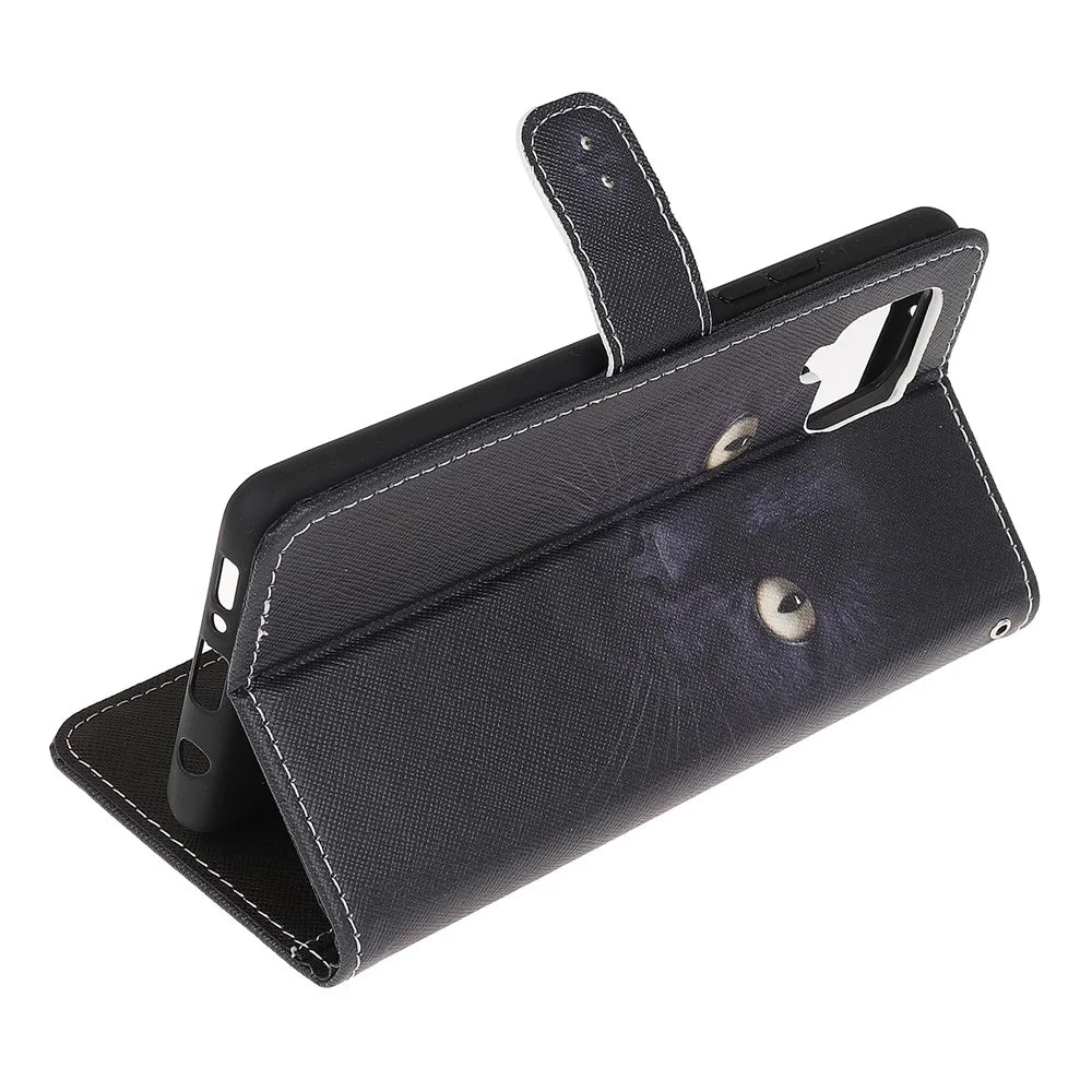 Wallet Design Cross Texture New Pattern Printing Leather Stand Case for Samsung Galaxy A22 4G (EU Version) - Cat Eyes - 5