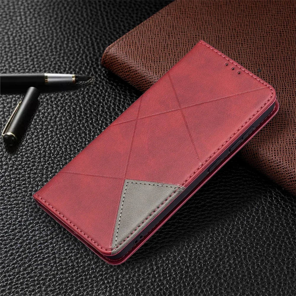 Geometric Pattern Leather Phone Case Shell Card Holder Stand for Samsung Galaxy S21 FE 5G - Red - 7