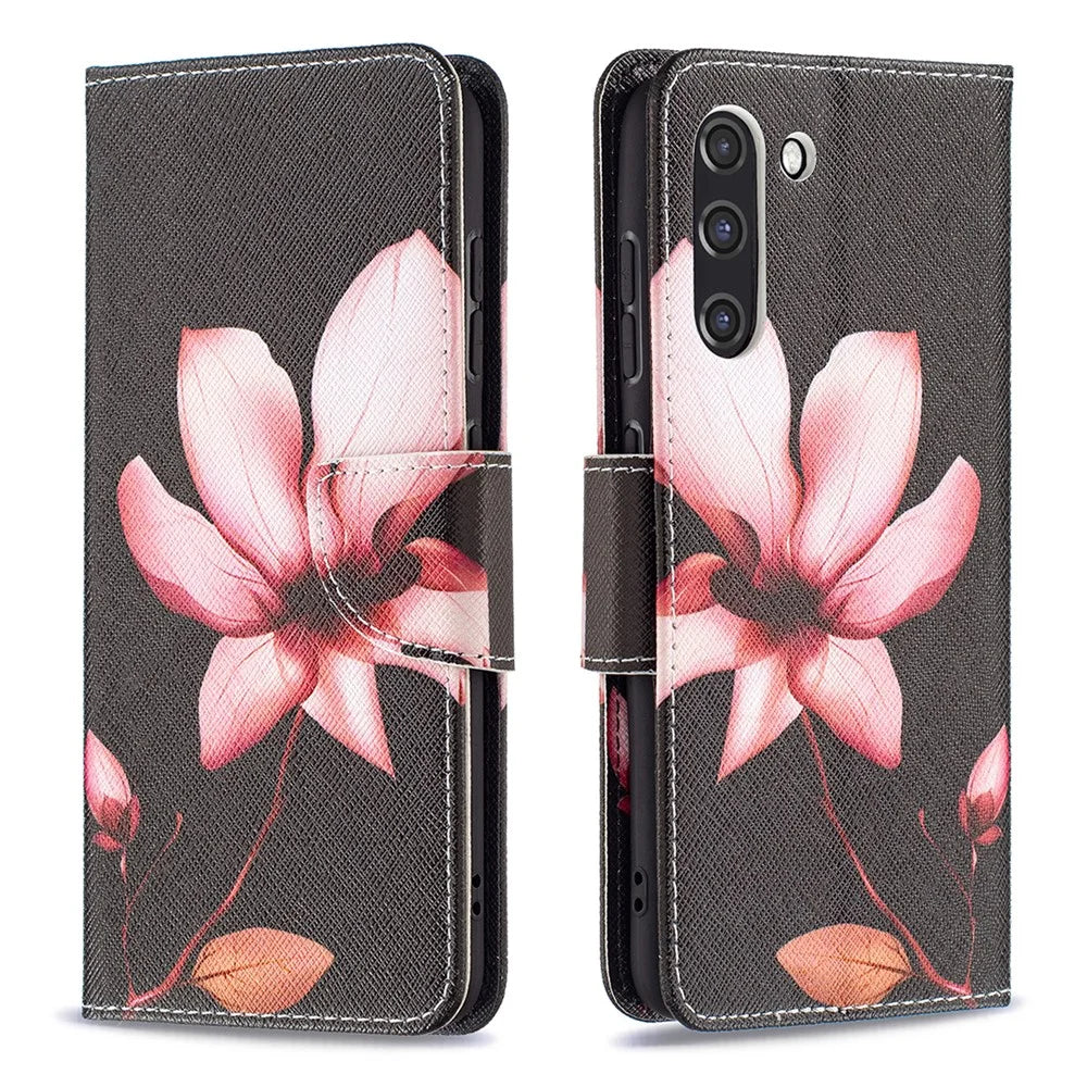 Wallet Design Pattern Printing Full Protection Leather Stand Cover Case for Samsung Galaxy S21 FE 5G - Vivid Flower - 1