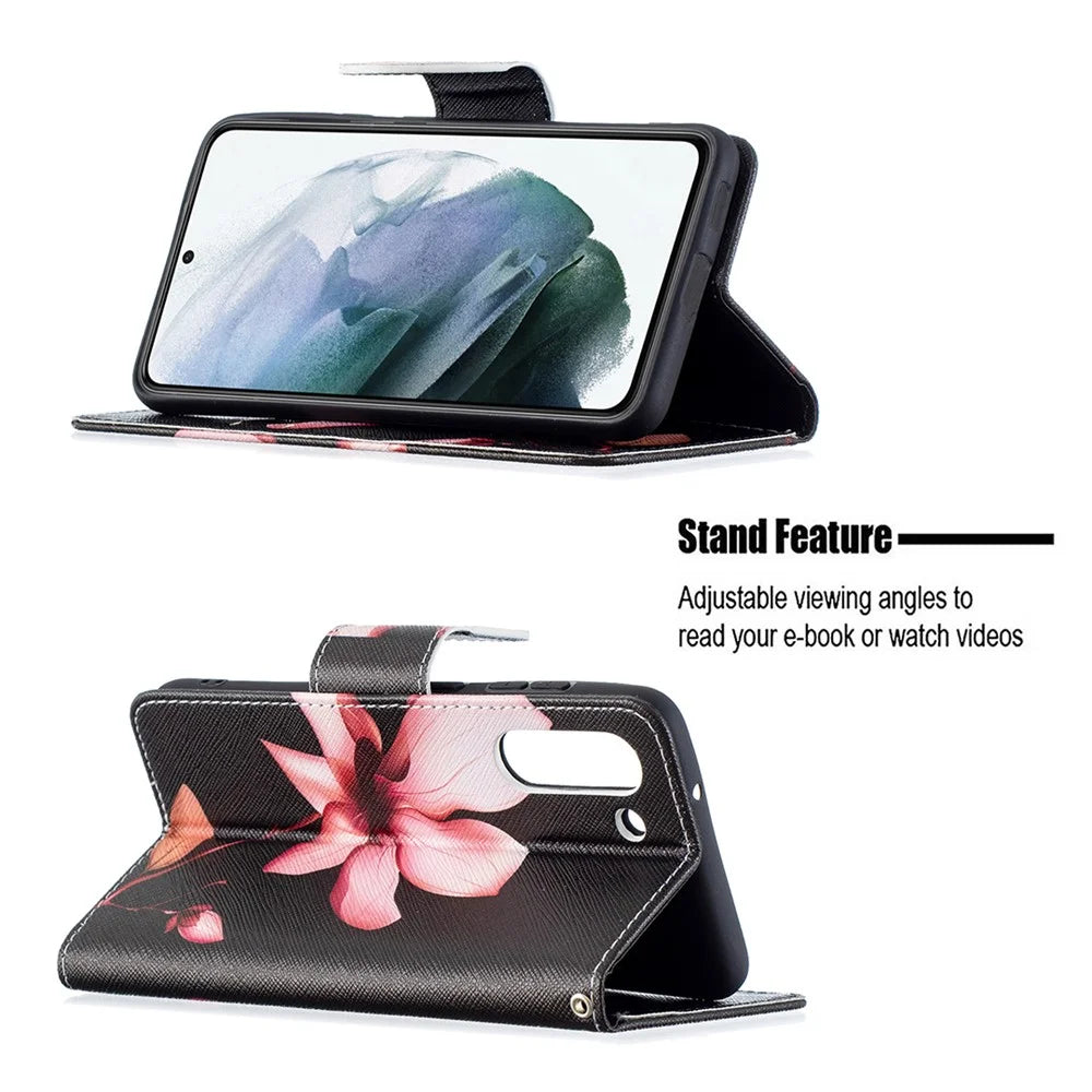 Wallet Design Pattern Printing Full Protection Leather Stand Cover Case for Samsung Galaxy S21 FE 5G - Vivid Flower - 4