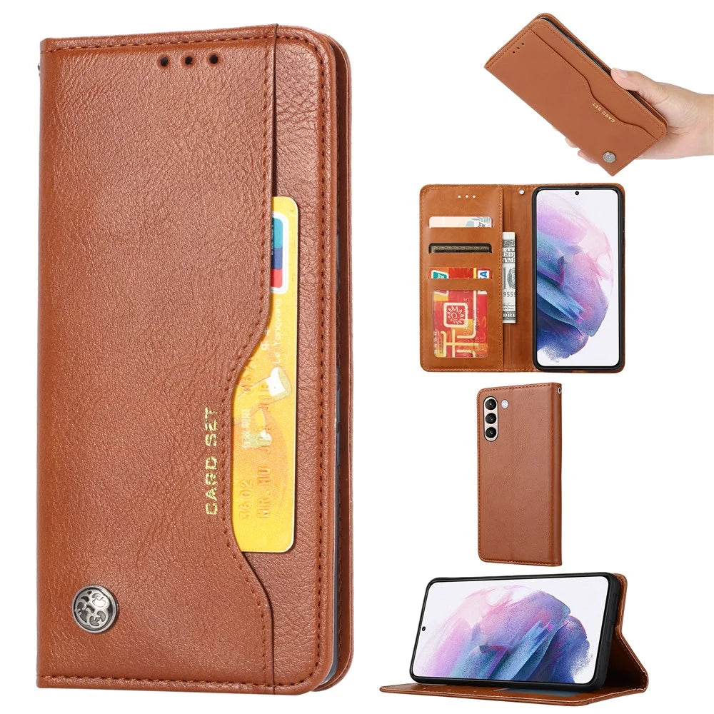 Wallet Stand Auto-absorbed Leather Protector Phone Cover for Samsung Galaxy S21 FE - Brown - 7