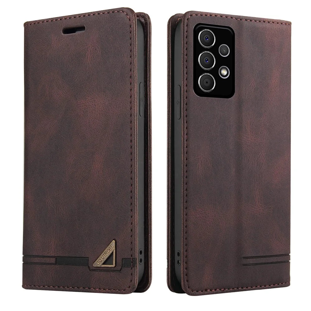 GQ.UTROBE Quality Leather Phone Auto-absorbed Shell Case with Anti-theft Swiping Design for Samsung Galaxy A72 4G/5G - Brown - 1