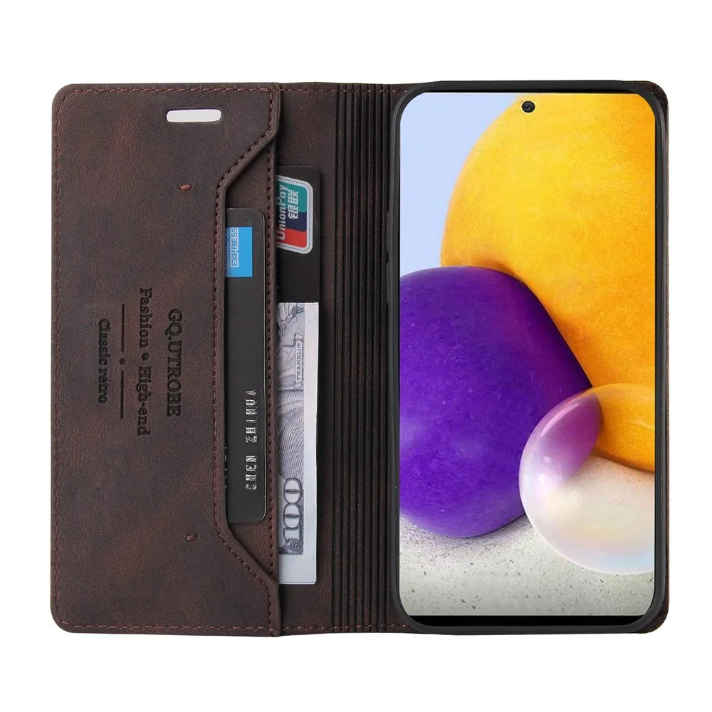 GQ.UTROBE Quality Leather Phone Auto-absorbed Shell Case with Anti-theft Swiping Design for Samsung Galaxy A72 4G/5G - Brown - 2