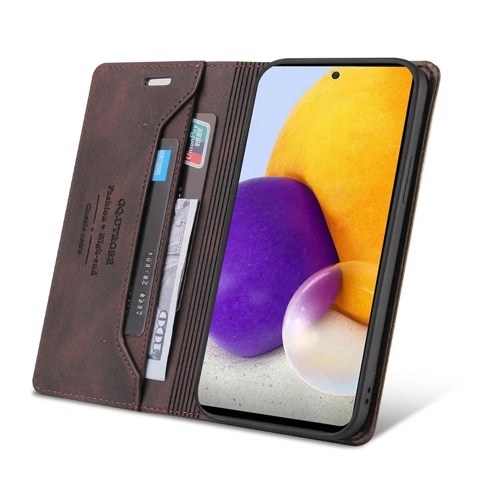 GQ.UTROBE Quality Leather Phone Auto-absorbed Shell Case with Anti-theft Swiping Design for Samsung Galaxy A72 4G/5G - Brown - 5